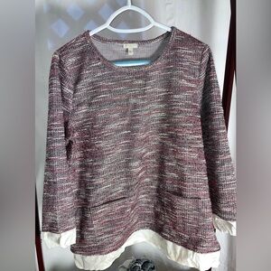 Talbots size M heather/tweed sweater with layered blouse details at cuff & hem